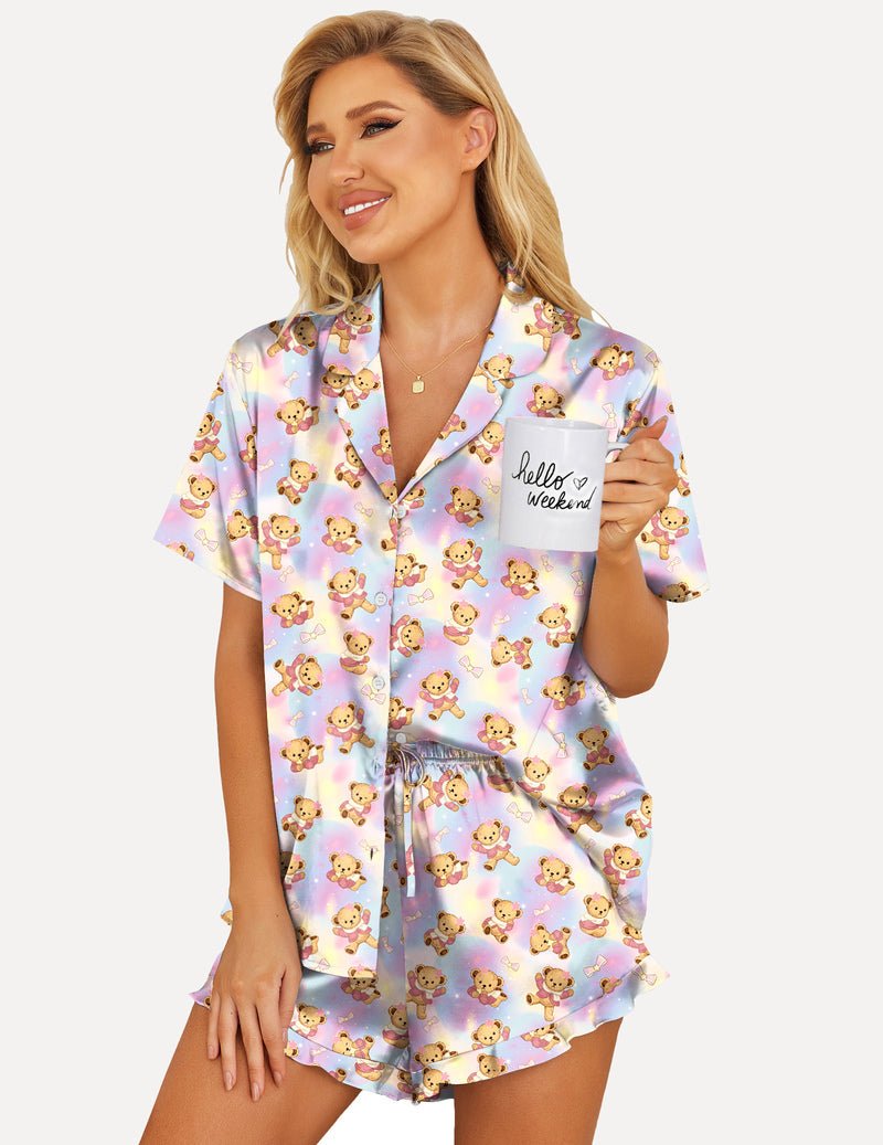 Purple teddy bear print 2-piece satin pajama set with button shirt and drawstring shorts