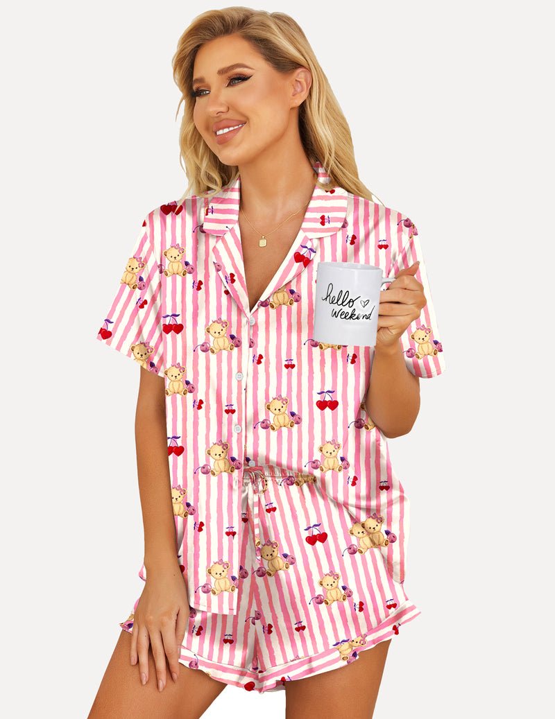 White pink striped teddy bear print 2-piece satin pajama set with button shirt and drawstring shorts