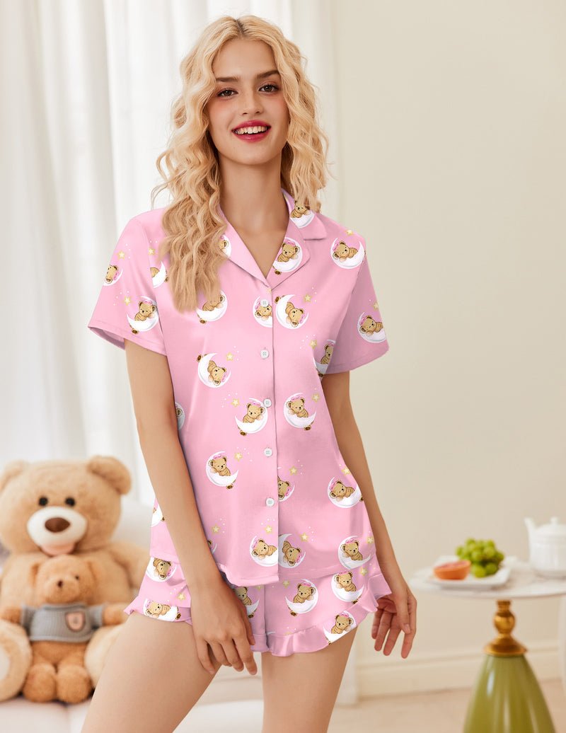 Printed satin pajama set, pink teddy bear pattern, short-sleeve button top with matching shorts