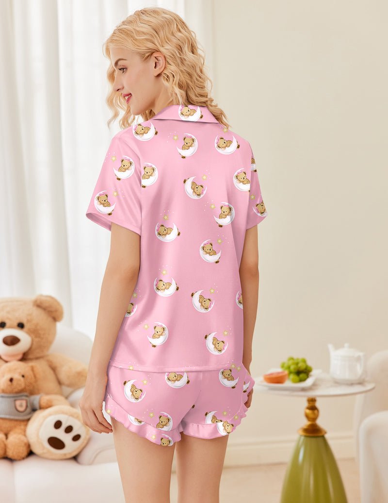 Printed satin pajama set, pink teddy bear print, back view of top and ruffled shorts