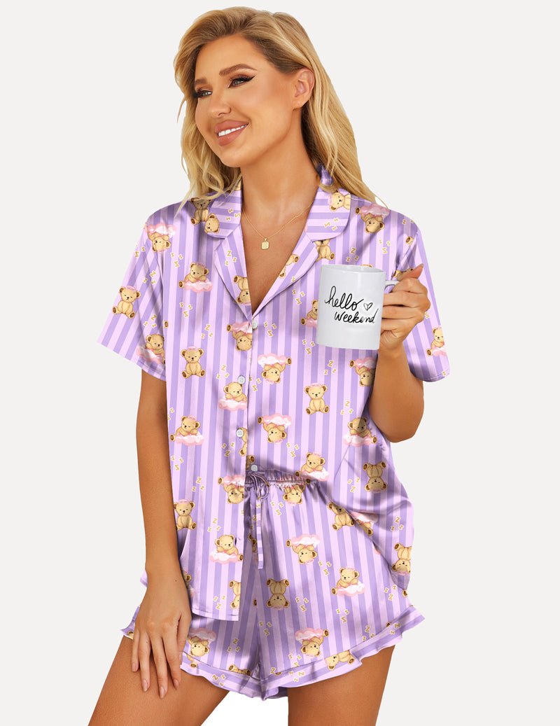 Lavender striped teddy bear print 2-piece satin pajama set with button shirt and drawstring shorts