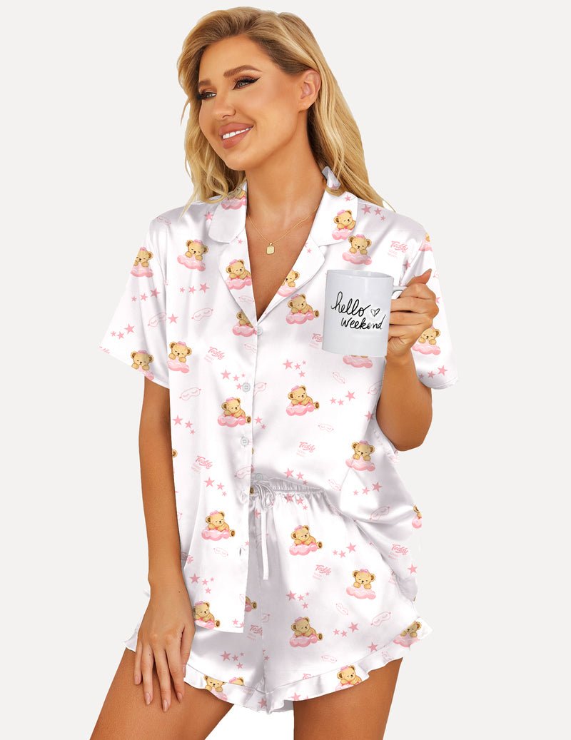 Printed satin pajama set, white teddy bear pattern, button-up top with drawstring waist shorts