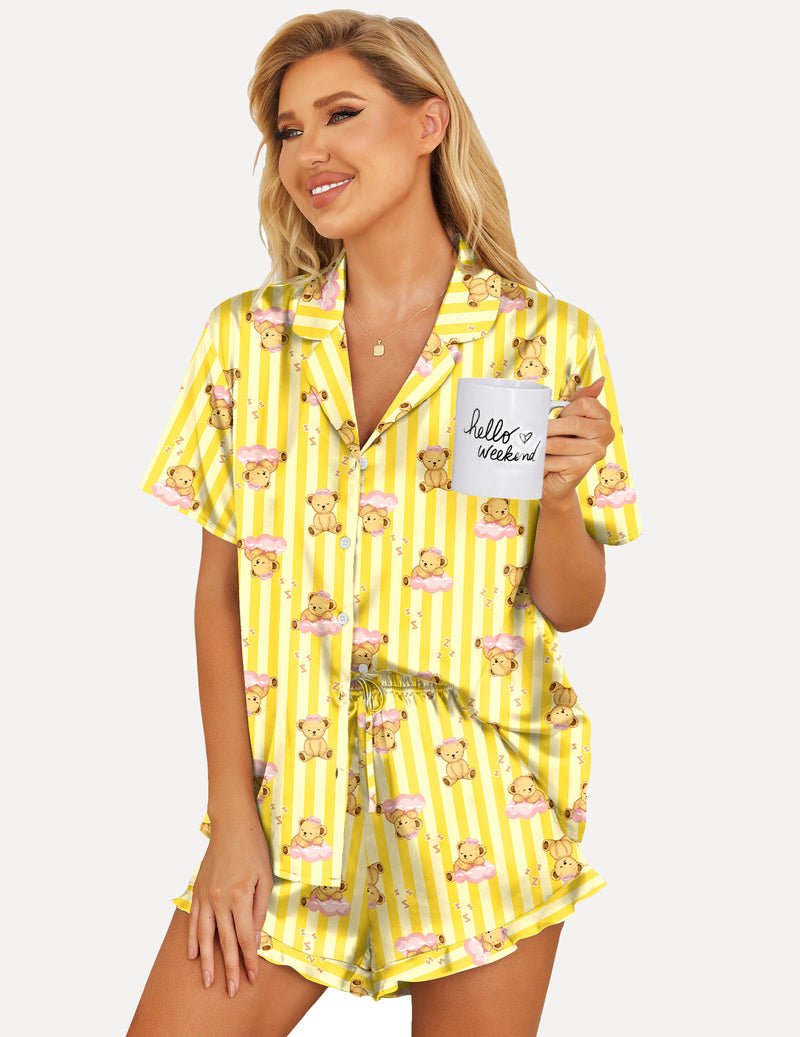 Yellow striped teddy bear print 2-piece satin pajama set with button shirt and drawstring shorts