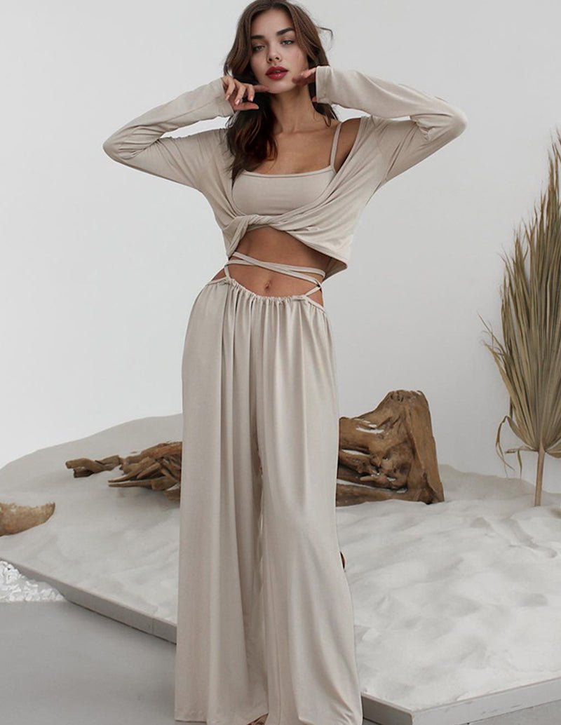Khaki lounge set with knotted long-sleeve crop top and drawstring wide-leg pants