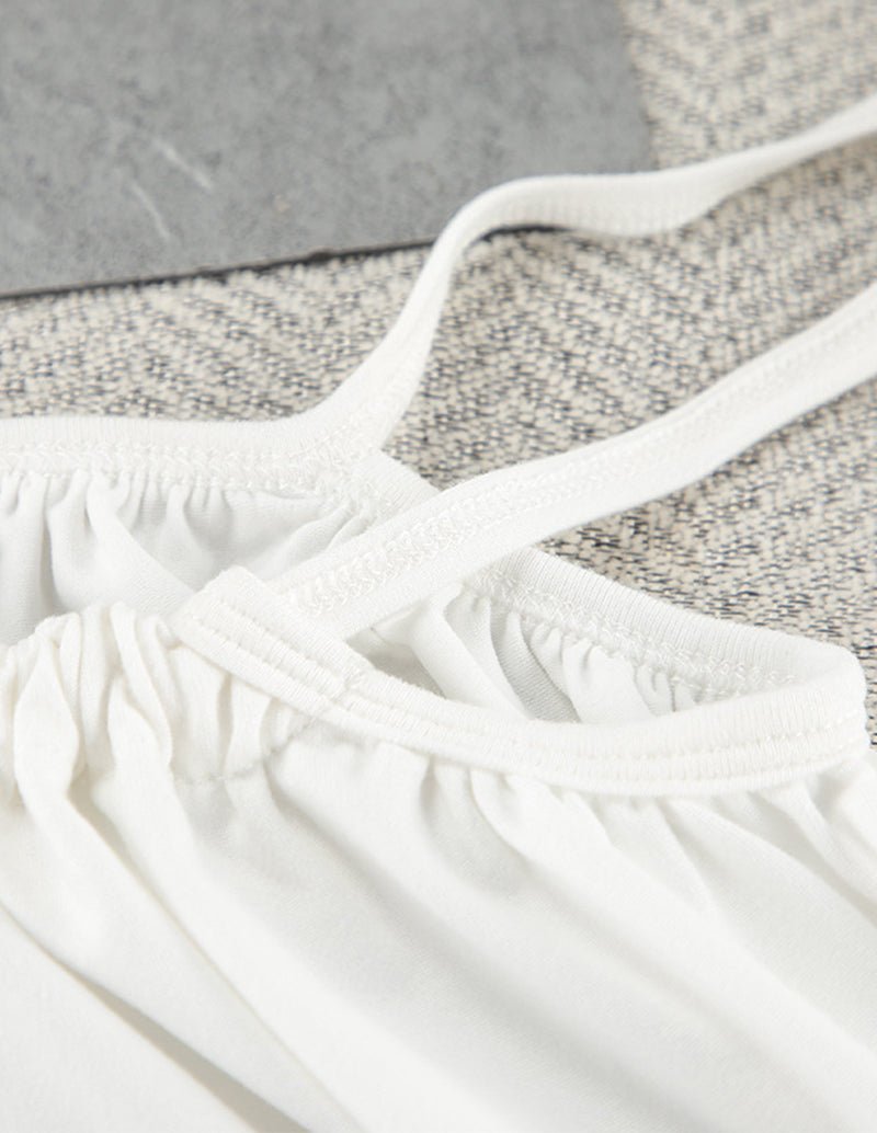 White lounge pants with ruched elastic waist and adjustable drawstring