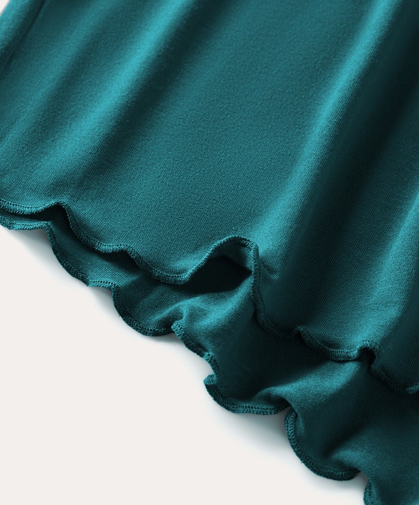 Teal cotton pajama shorts and top hem with scalloped ruffle trim