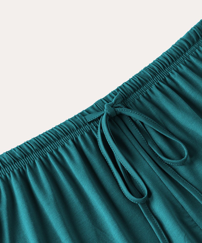Teal cotton pajama shorts waistband with drawstring and gathered elastic
