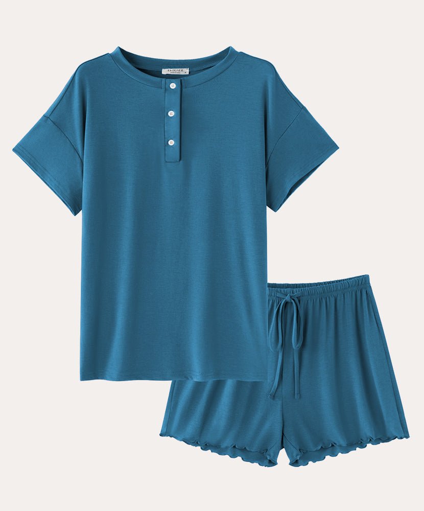 Cotton pajama set in blue: button henley top and drawstring shorts with scalloped edges
