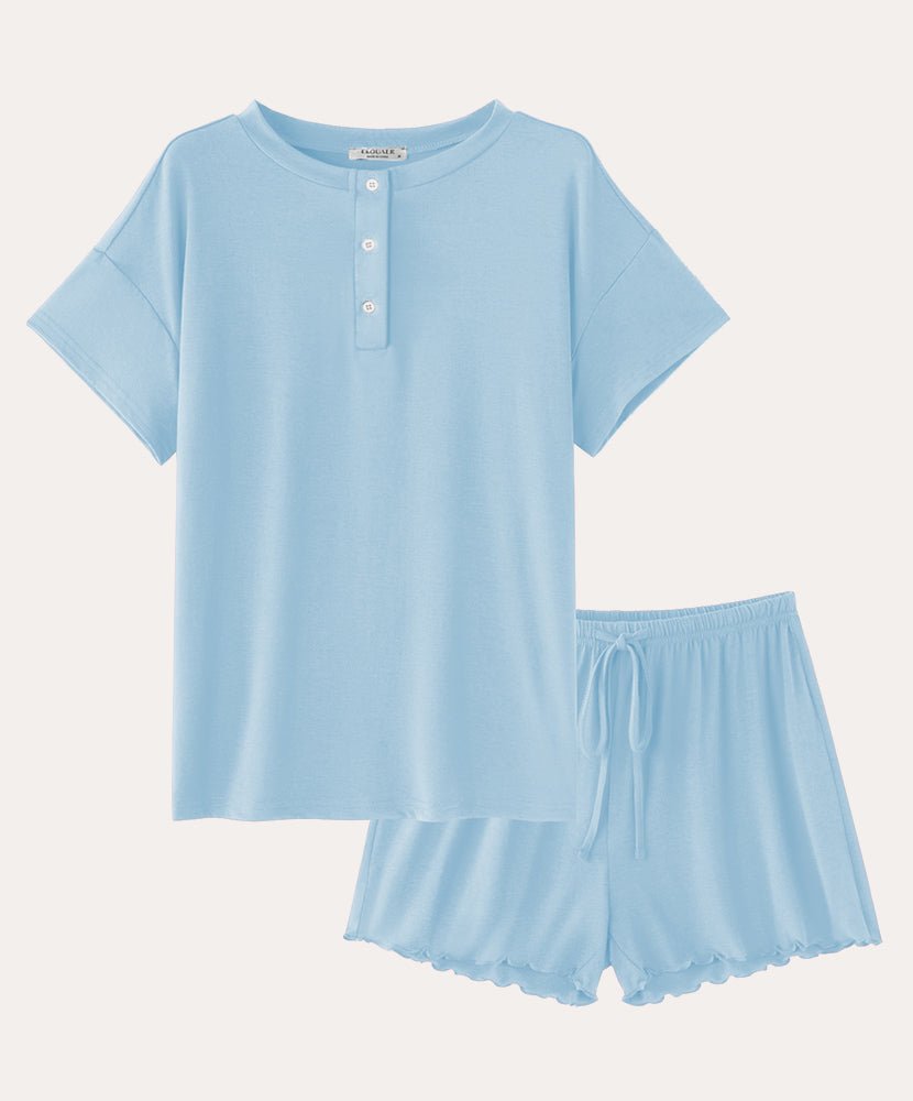 Cotton pajama set in light blue: button henley top and drawstring shorts with scalloped trim