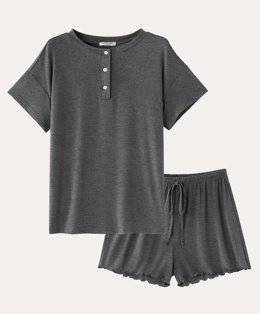 Cotton pajama set in dark gray: short-sleeve henley top and drawstring sleep shorts.