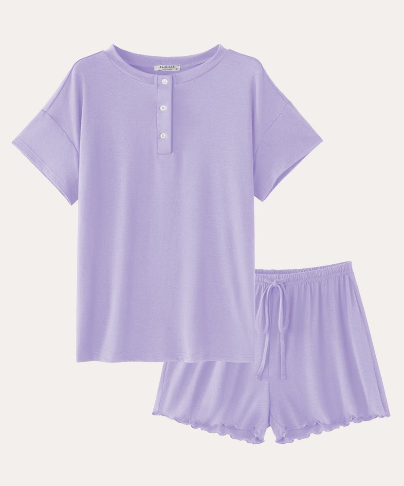 Cotton pajama set in lavender purple: button henley top and drawstring shorts with scalloped hem
