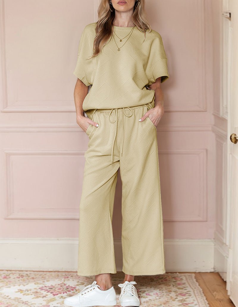 Apricot textured loungewear set with short-sleeve top and wide-leg drawstring pants