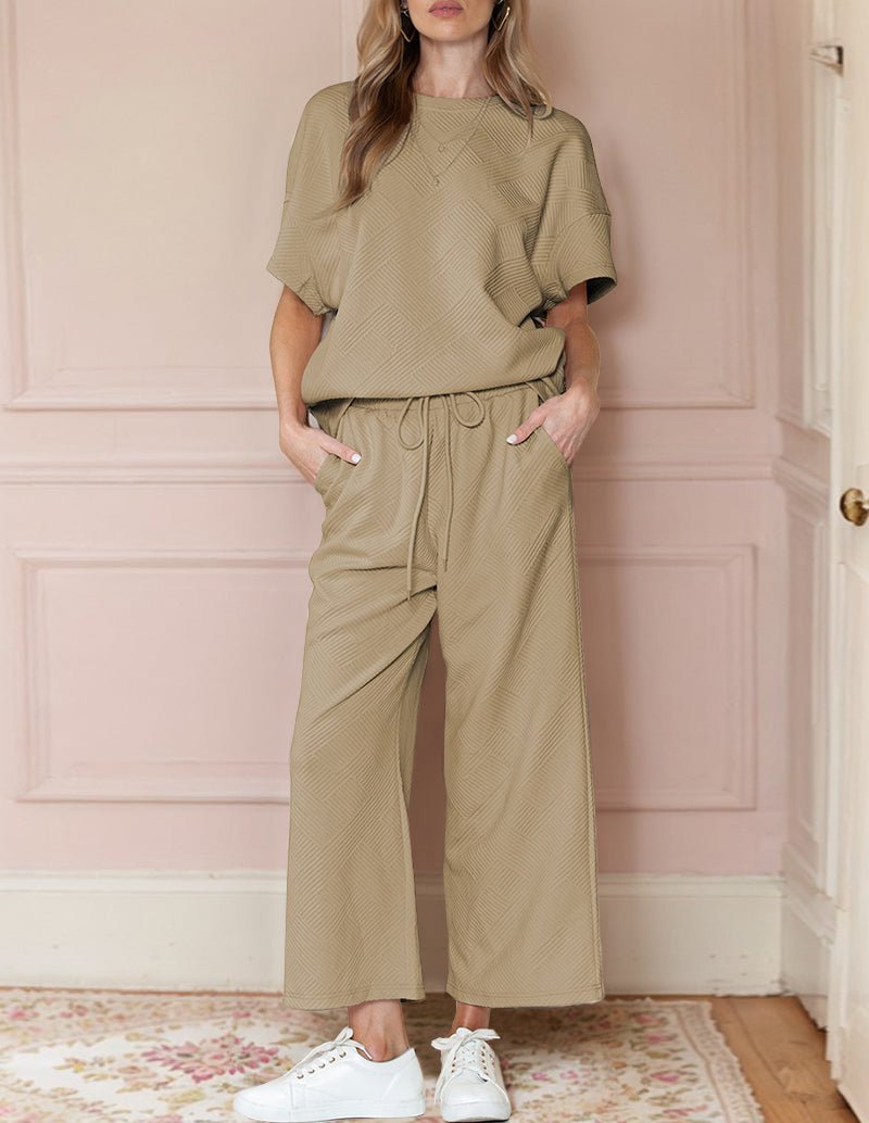 Khaki textured loungewear set, short-sleeve top with wide-leg drawstring pants