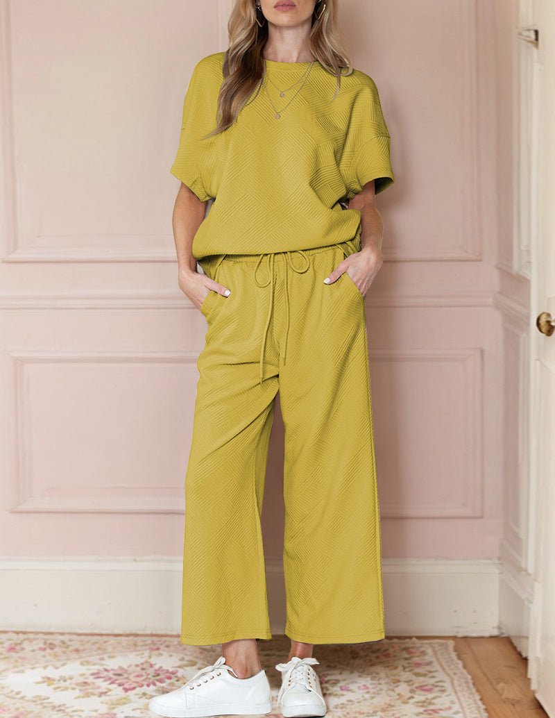 Yellow textured loungewear set, short-sleeve top and wide-leg pants with drawstring