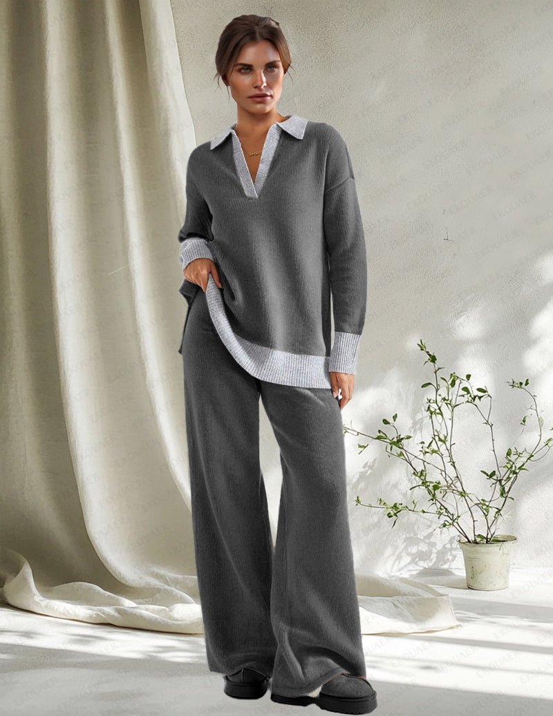 Color block knit lounge set, relaxed fit top and wide-leg pants, dark grey with light trim