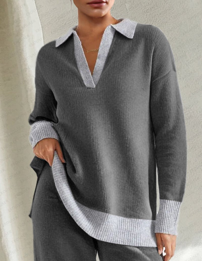 Color block knit lounge set top, relaxed V-neck with collared knit and ribbed light trim
