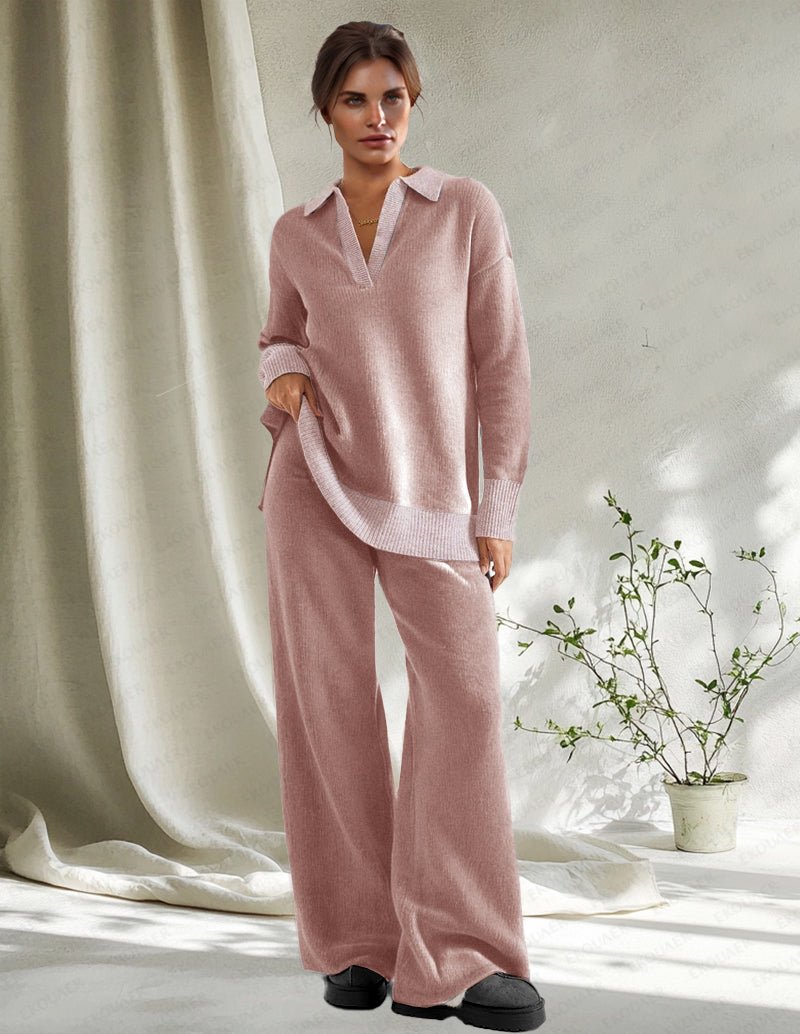 Color block knit lounge set, relaxed fit top and wide-leg pants, pink with light contrast trim