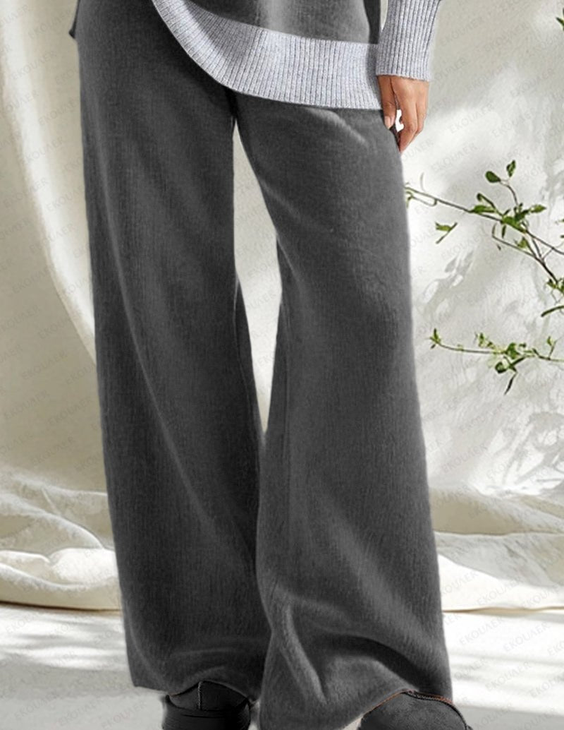 Color block knit lounge pants, wide-leg relaxed fit in dark grey with light ribbed hem trim