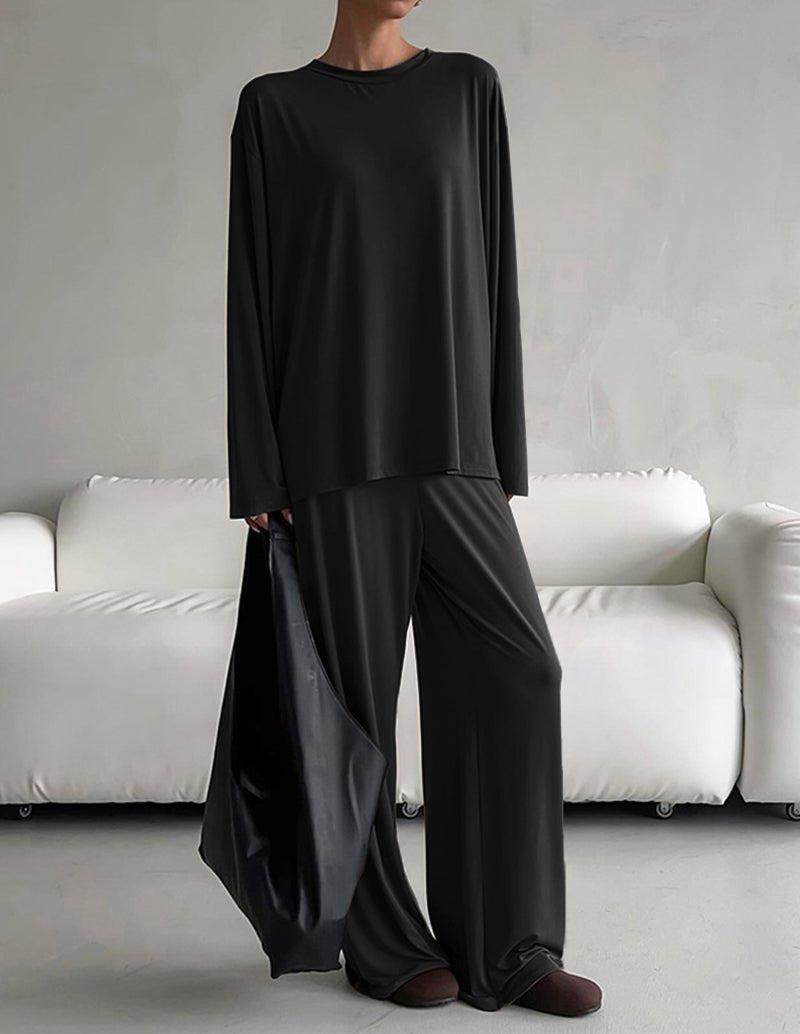 Black lounge set with long-sleeve top and wide-leg pants, crew neck, elastic waist