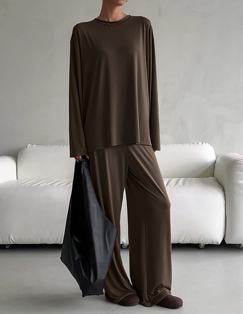 Brown lounge set with long-sleeve top and wide-leg pants, crew neck