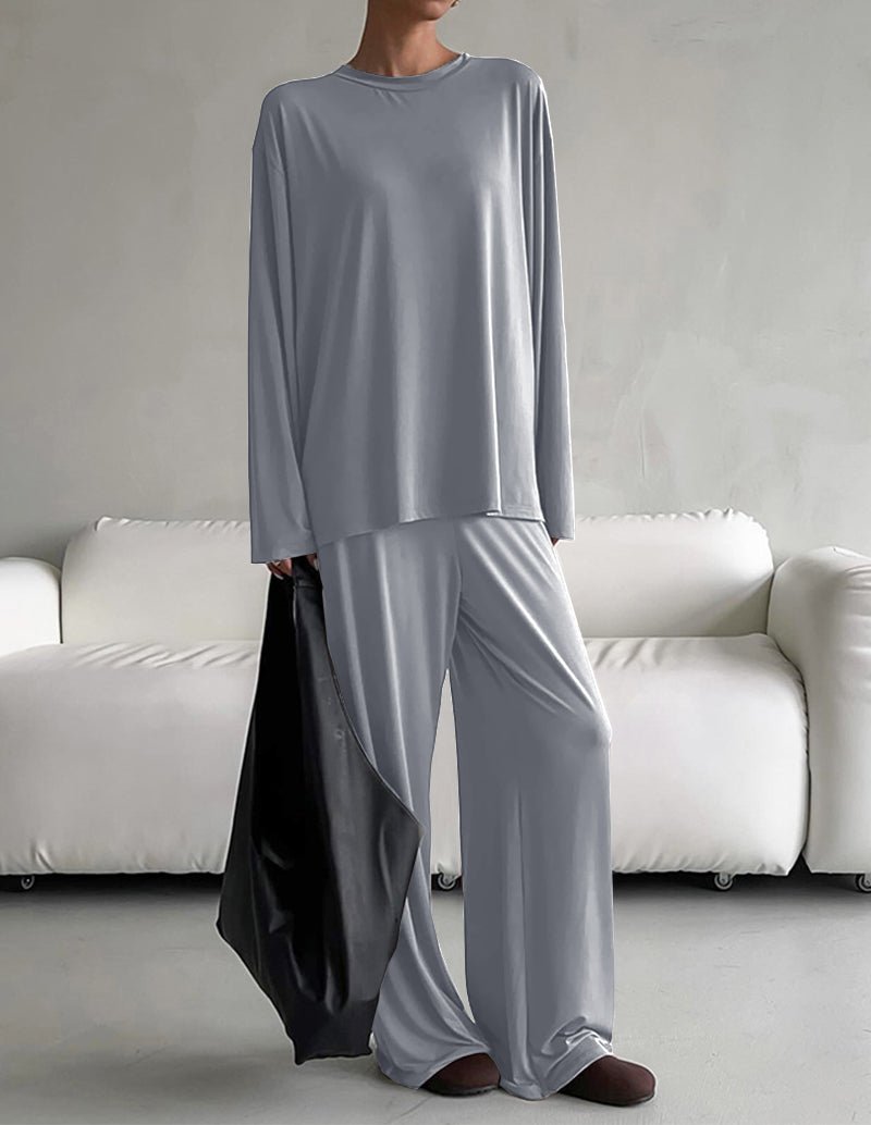Gray lounge set with long-sleeve top and wide-leg pants, crew neck