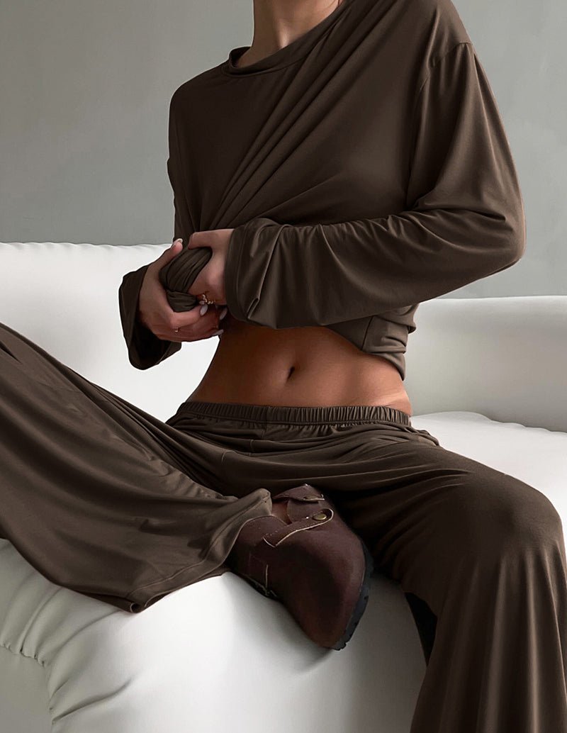 Brown lounge set cropped view: long sleeve top with crew neck and gathered waist