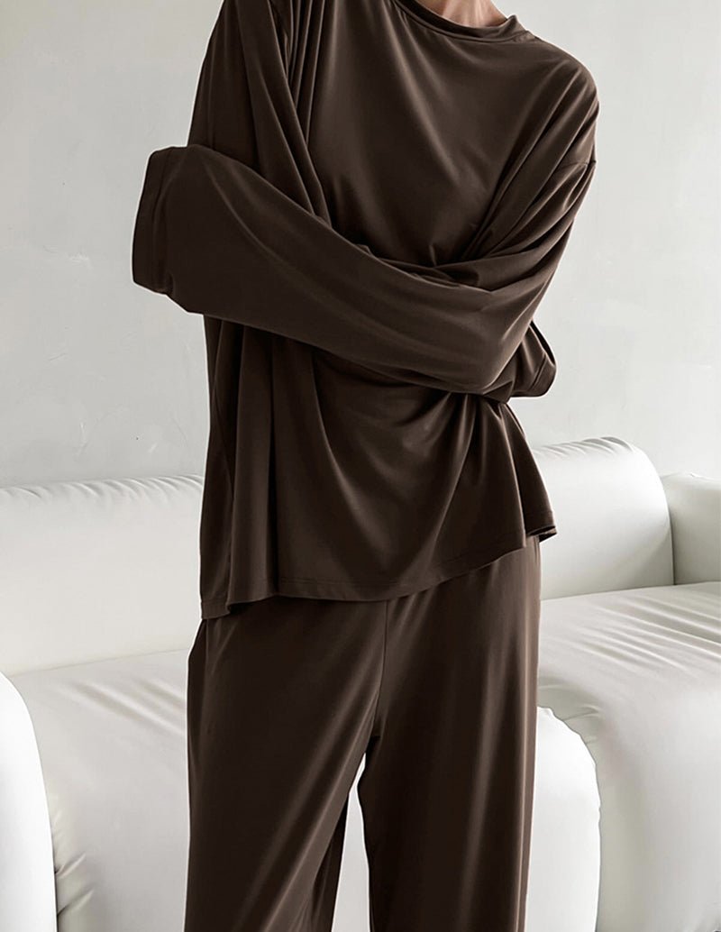 Brown lounge set with long-sleeve top and wide-leg pants, gathered elastic waist