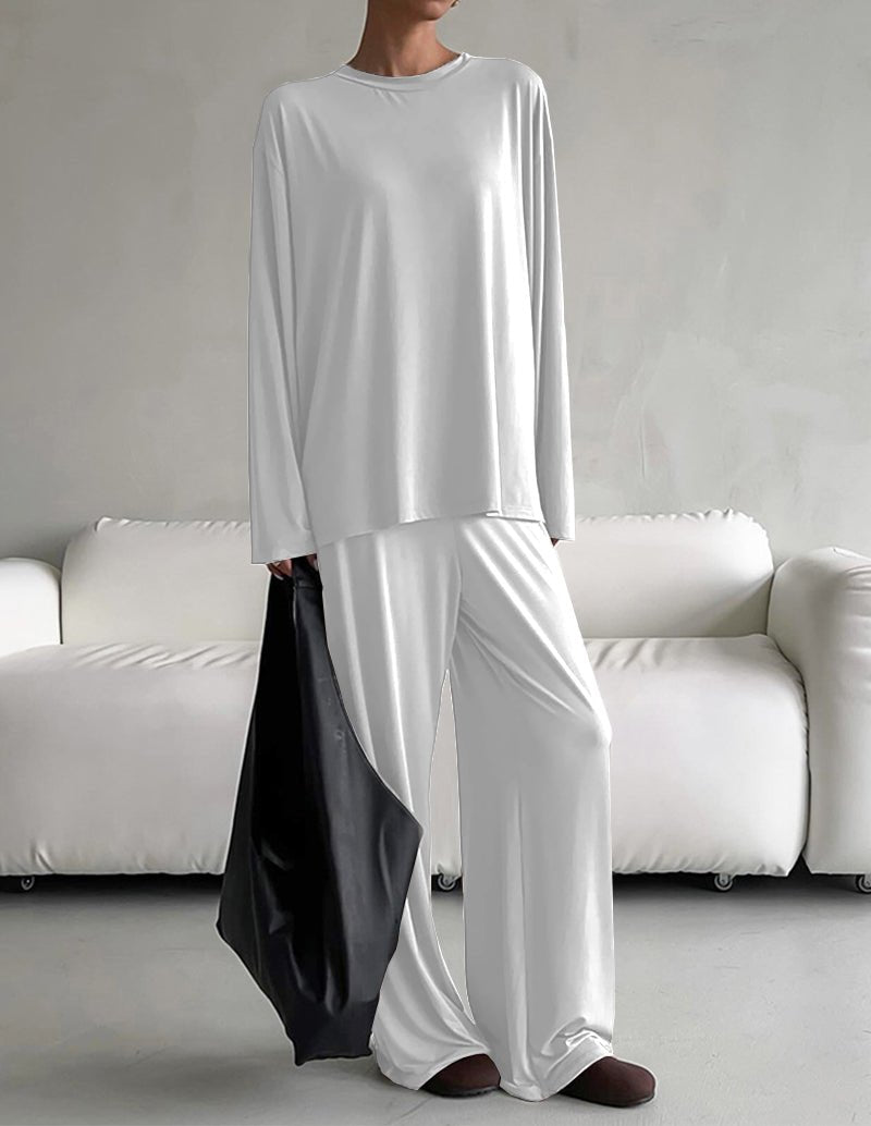 White lounge set with long-sleeve top and wide-leg pants, crew neck