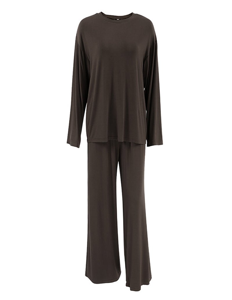Brown two-piece lounge set with long-sleeve top and wide-leg pants, crew neck