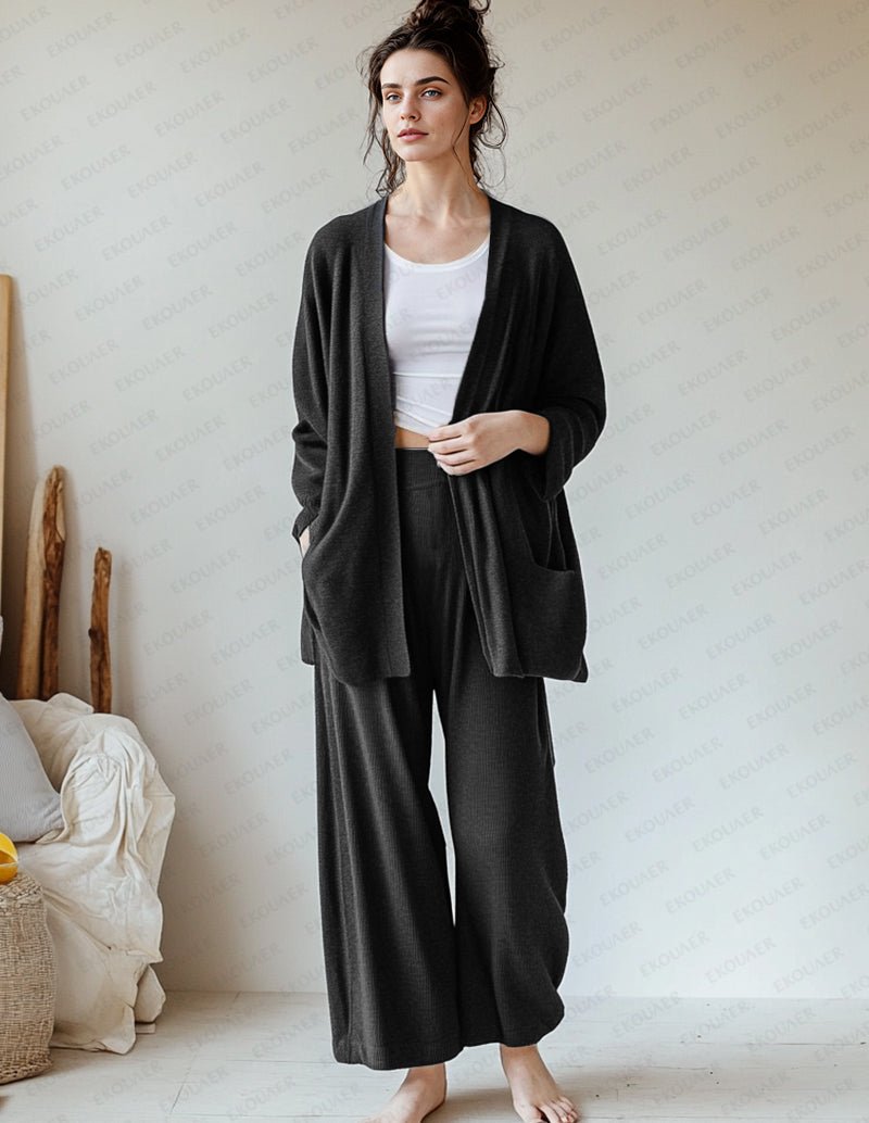 Black knit lounge set with open-front cardigan and wide-leg pants, scoop-neck tank
