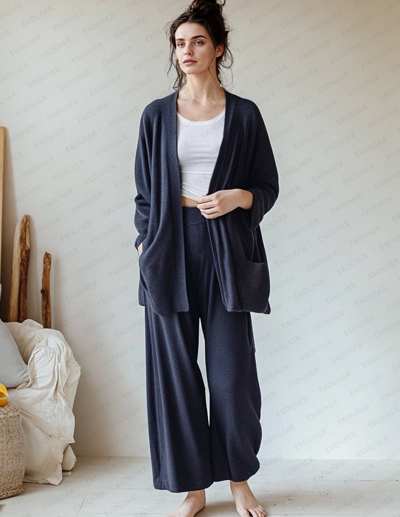 Navy knit lounge set with open-front cardigan and wide-leg pants, scoop-neck tank