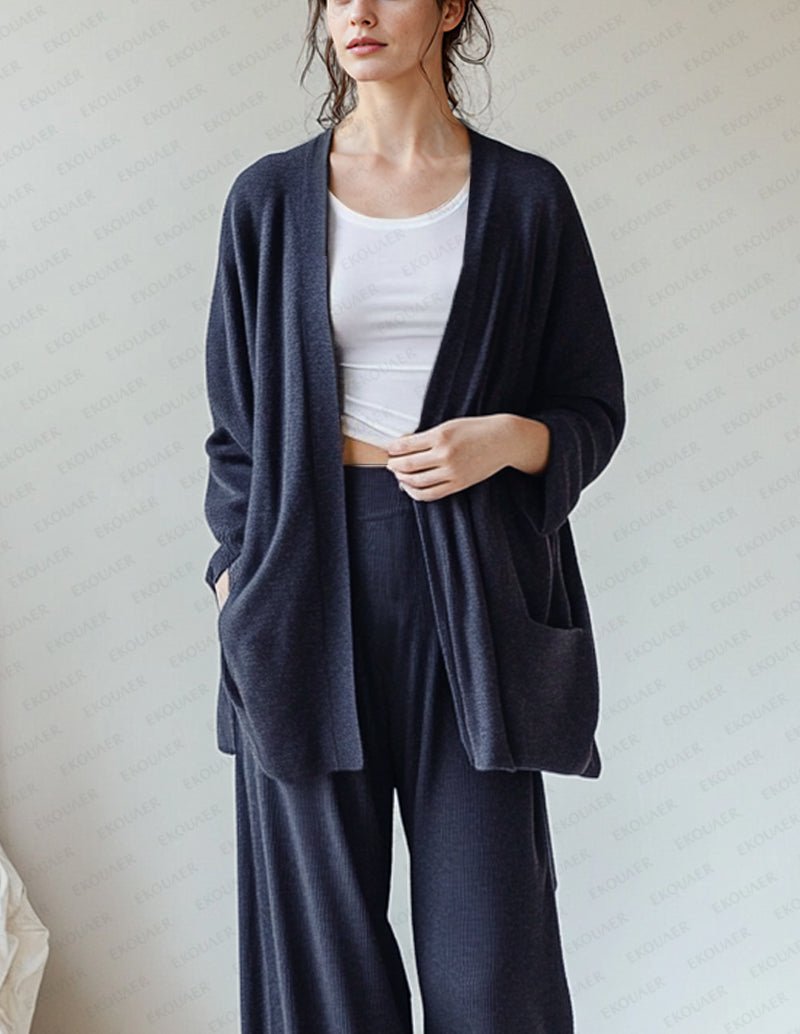 Navy knit lounge set, open-front cardigan over scoop-neck tank with wide-leg pants