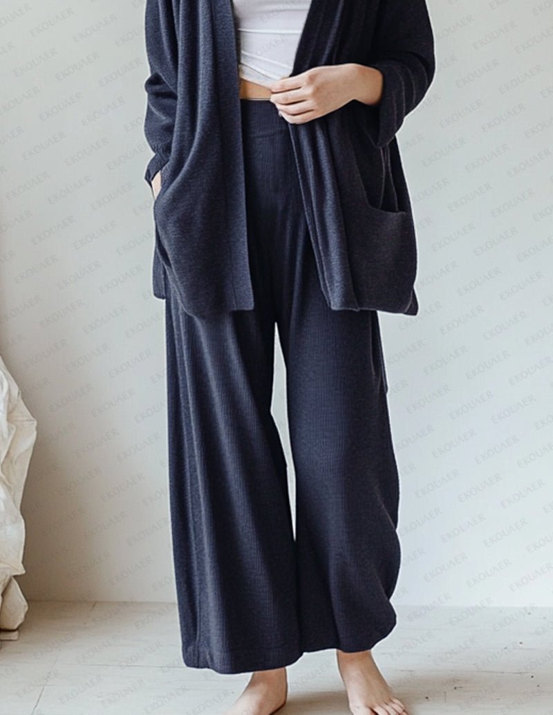 Navy knit lounge pants with wide legs and matching cardigan front
