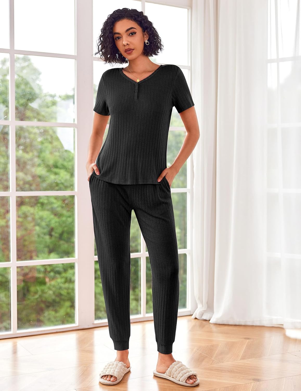 Rib knit lounge set in black: henley-style short-sleeve top and jogger pants