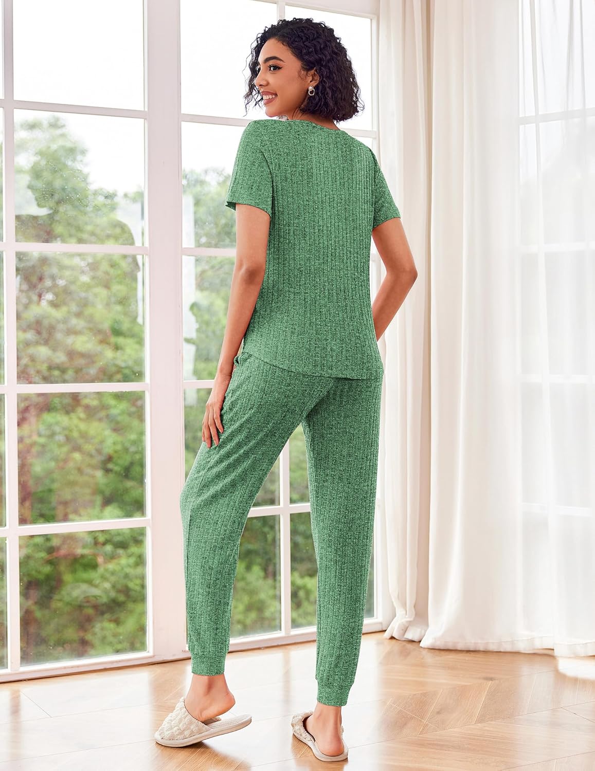 Rib knit lounge set in green: back view of short-sleeve top with jogger pants