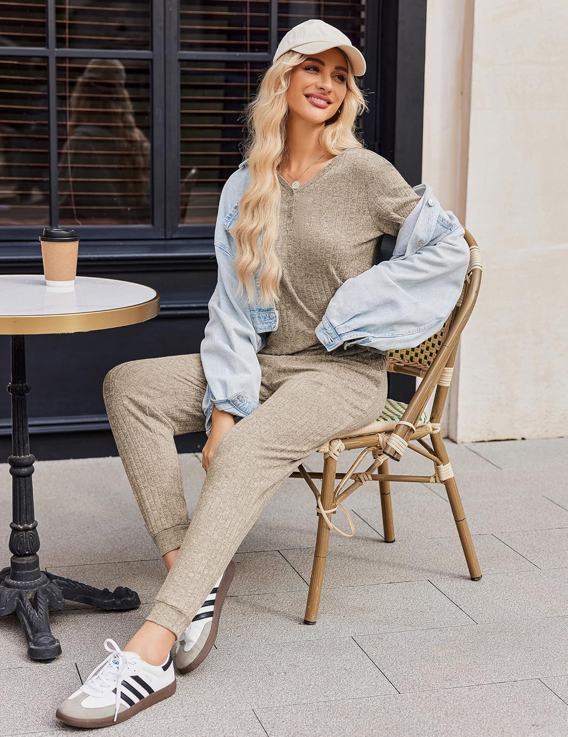 Rippstrick-Loungewear-Set mit Joggerhose, beiges/hellbraunes Melange