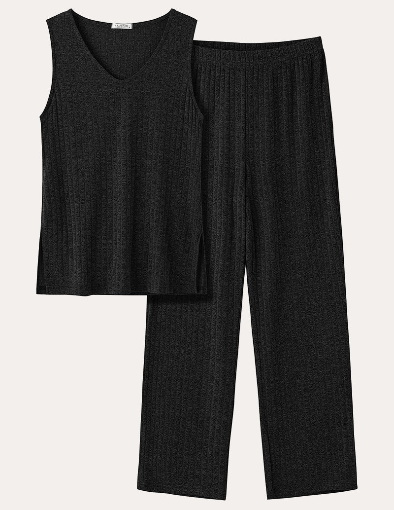 Black ribbed knit set: sleeveless V-neck top and wide-leg pants with elastic waistband.