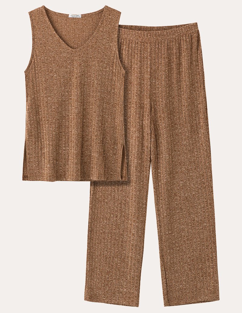 Brown ribbed knit set: sleeveless V-neck top and wide-leg pants with elastic waist.