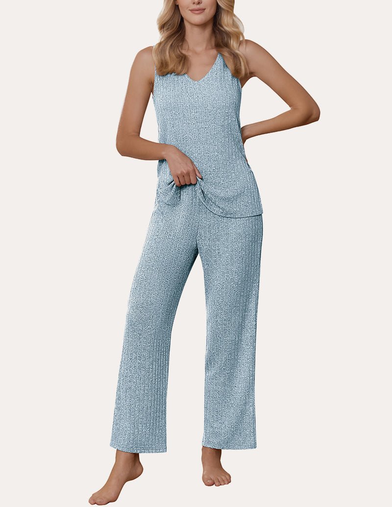 Blue ribbed knit casual set: sleeveless V-neck top and wide-leg pants, matching fit.