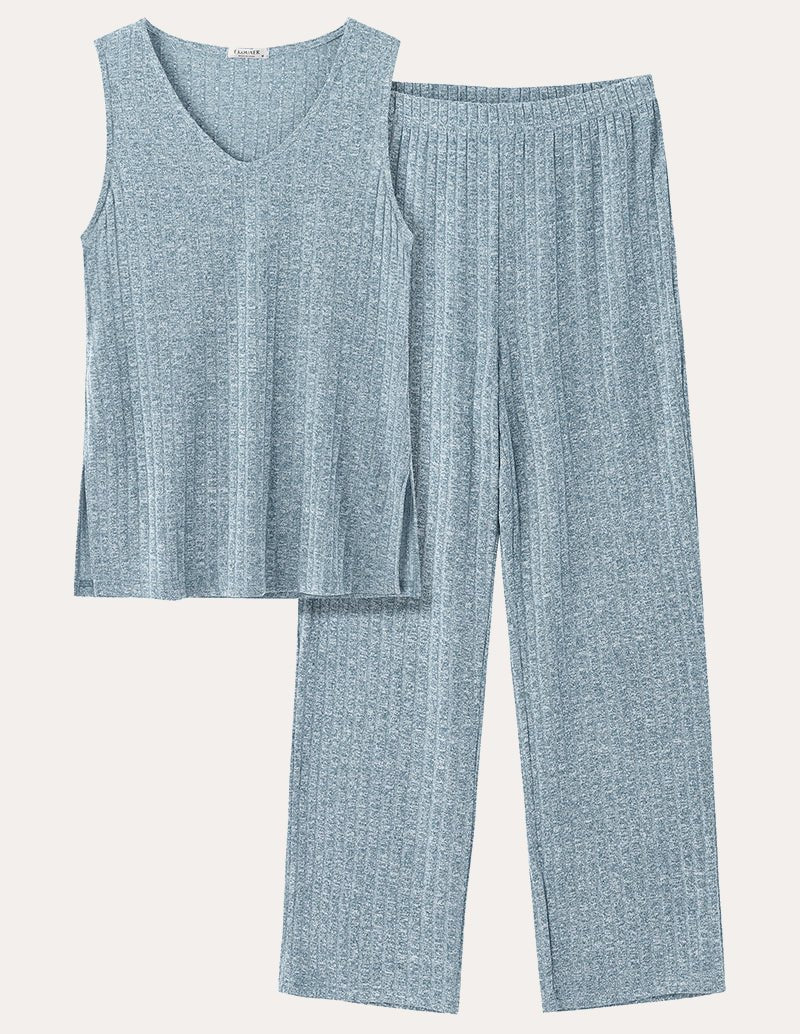 Blue ribbed knit set with sleeveless V-neck top and wide-leg pants, textured fabric.