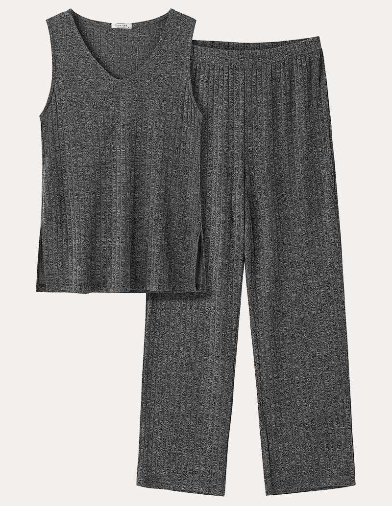 Dark gray ribbed knit set: sleeveless V-neck top and wide-leg pants with elastic waist.