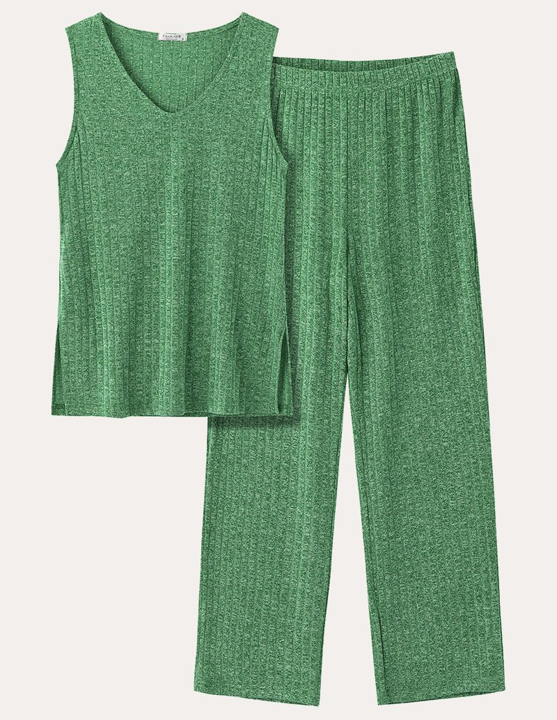 Green ribbed knit set: sleeveless V-neck top and wide-leg pants with elastic waistband.