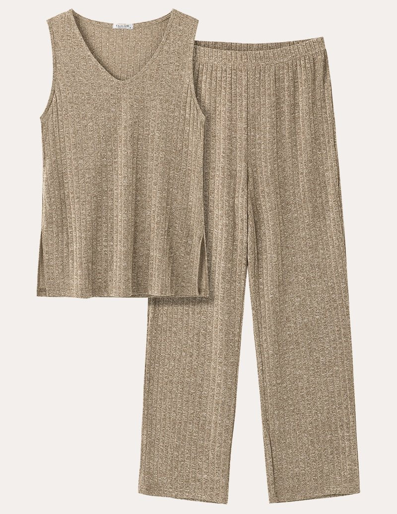 Khaki ribbed knit set: sleeveless V-neck top and wide-leg pants with elastic waist.