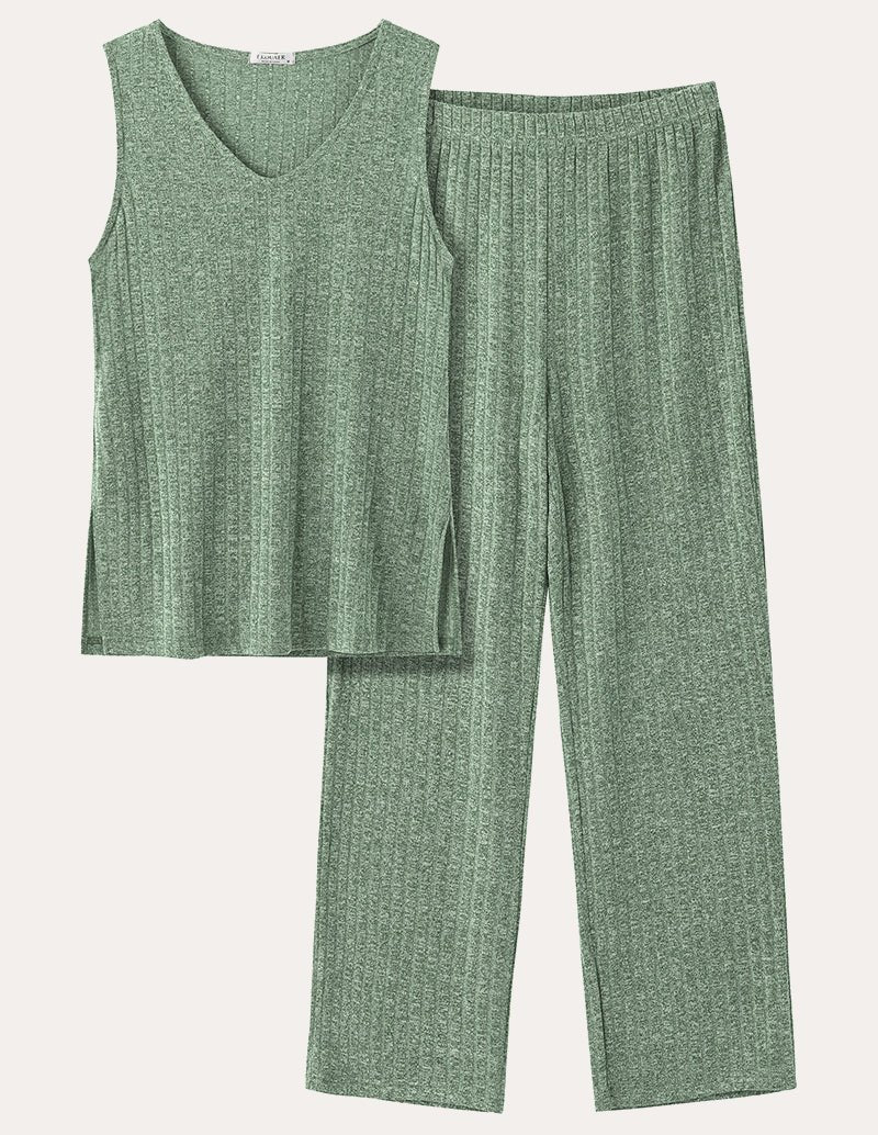 Light green ribbed knit set: sleeveless V-neck top and wide-leg pants with elastic waist.