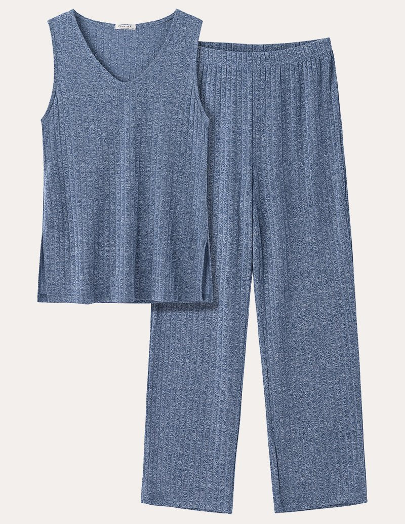 Ribbed knit 2-piece set, blue sleeveless top and wide-leg pants