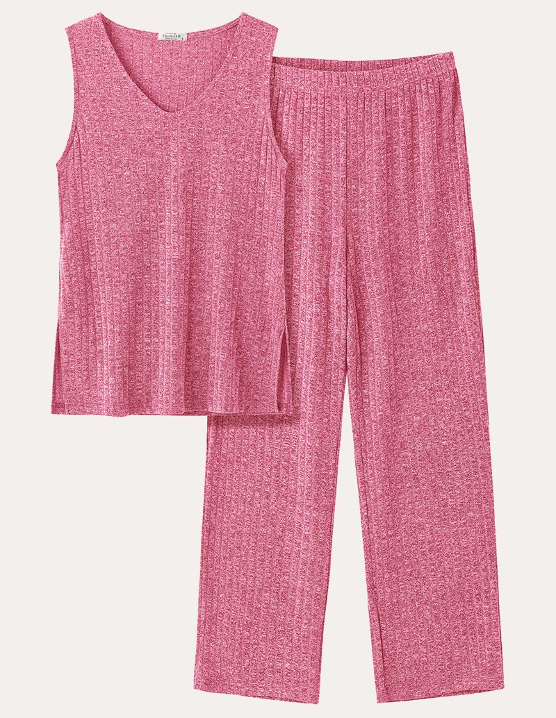Pink ribbed knit set: sleeveless V-neck top and wide-leg pants with elastic waistband.