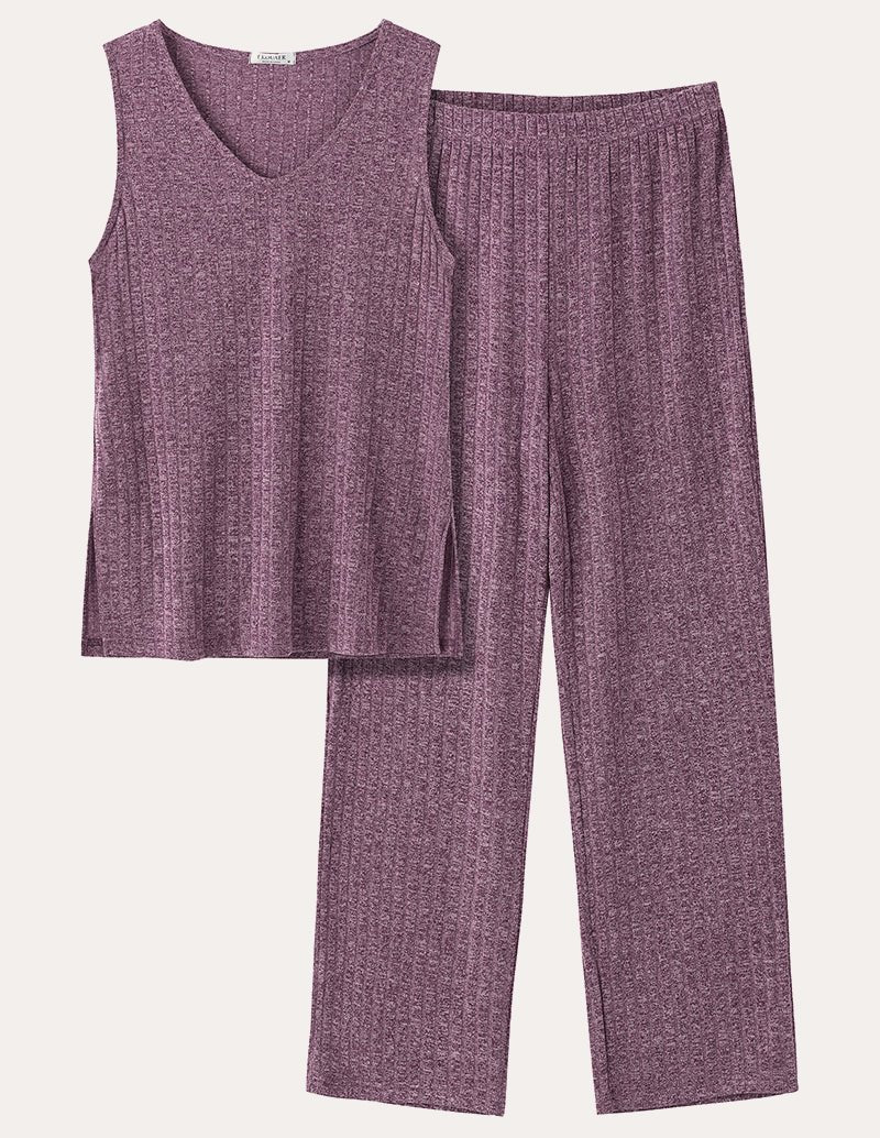 Ribbed knit 2-piece set, mauve sleeveless top and wide-leg pants