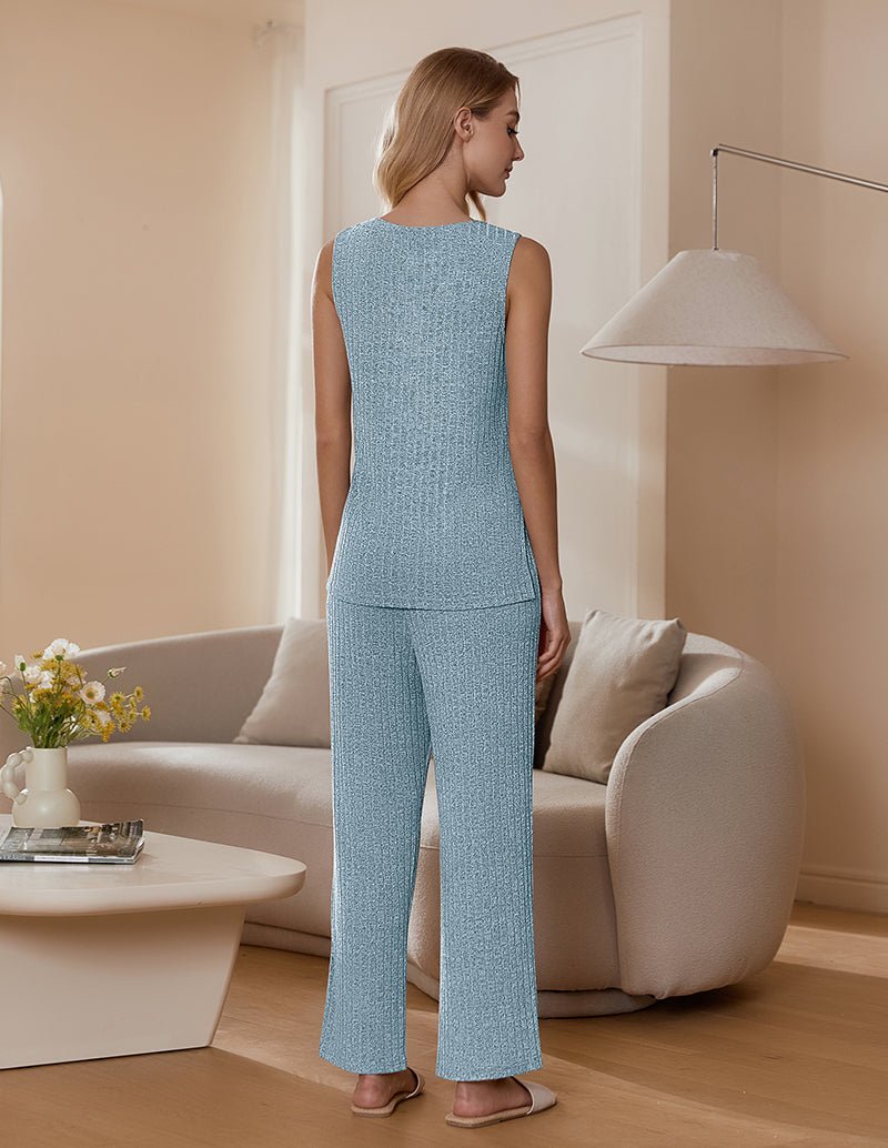 Light blue ribbed knit 2-piece set, scoop-back tank top and wide-leg pants
