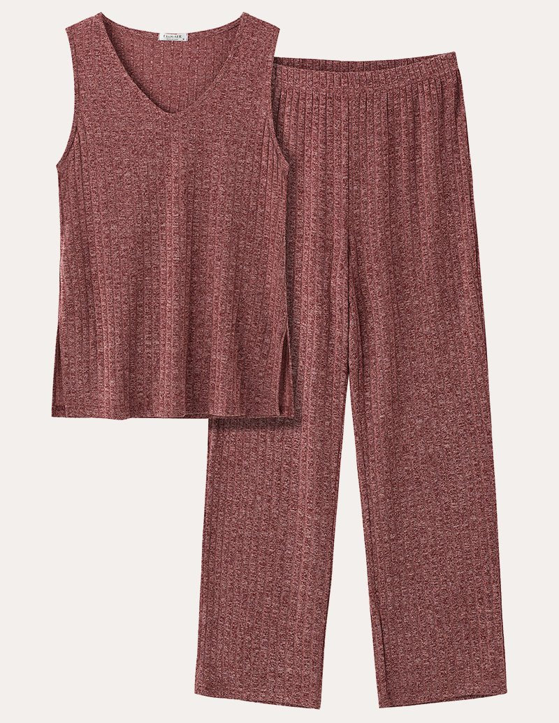 Ribbed knit 2-piece set, burgundy sleeveless top and wide-leg pants