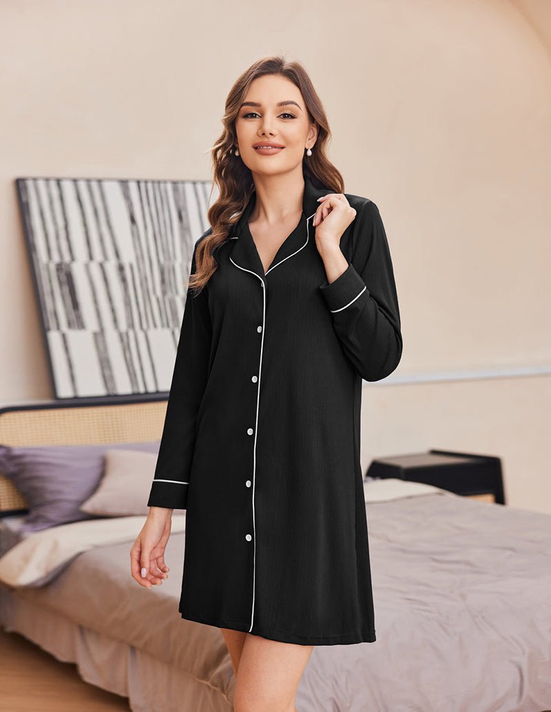 Ribbed knit button-down pajama dress in black with contrast piping and front buttons